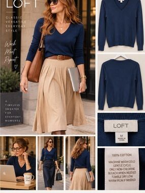 LOFT Women's Dark Teal V-Neck Sweater Skirt Styling Set - Navy and Khaki